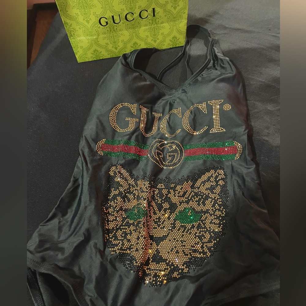 NEW Gucci Black swimsuit with Rhinestone Leopard Design